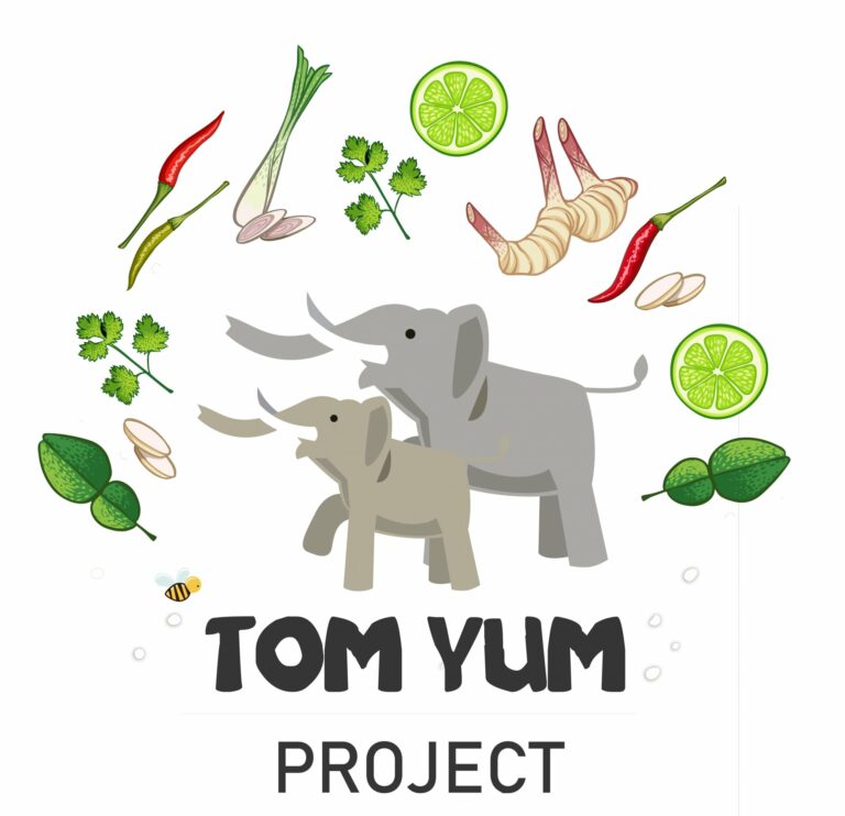 A colorful illustration of two elephants surrounded by Tom Yum soup ingredients, with the words Tom Yum Project underneath